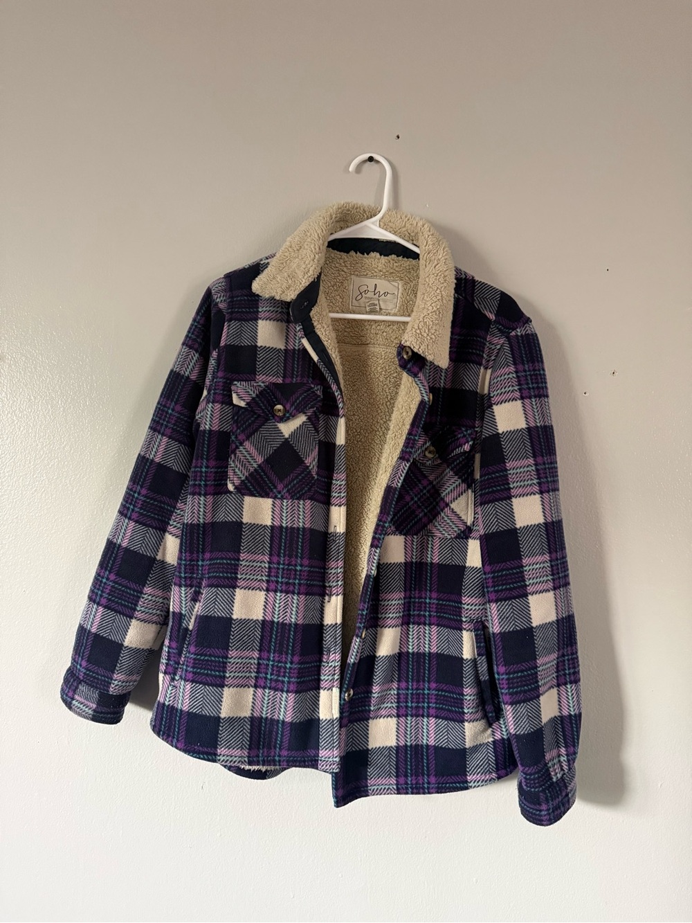 Soho Purple & Cream Plaid Sherpa-Lined Teddy Jacket